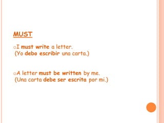 MUST 
oI must write a letter. 
(Yo debo escribir una carta.) 
oA letter must be written by me. 
(Una carta debe ser escrita por mi.) 
 