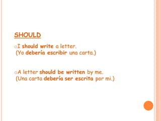 SHOULD 
oI should write a letter. 
(Yo debería escribir una carta.) 
oA letter should be written by me. 
(Una carta debería ser escrita por mi.) 
 