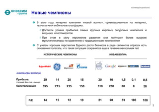 КОНФИДЕНЦИАЛЬНО


                Новые чемпионы

                      В этом году интернет компании «новой волны», ориентированные на интернет,
                      технологии и мобильные платформы:
                             Достигли уровня прибылей самых крупных мировых ресурсных чемпионов и
                             ведущих конгломератов
                             При этом в силу перспектив развития они получают            более    высокие
                             мультипликаторы по сравнению с традиционными компаниями
                      С учетом хороших перспектив бурного роста бизнесов в ряде сегментов отрасли есть
                      основания полагать, что такая ситуация сохранится еще в течение нескольких лет

                              ИСТОРИЧЕСКИЕ ЧЕМПИОНЫ                       НОВАЯ ВОЛНА




В МИЛЛИАРДАХ ДОЛЛАРОВ


Прибыль                      29       14      20      15           20      10      1,5      0,1       0,5
(текущий фин.год - оценка)

Капитализация                395     215     235      150         310     200      80        8        50



             Р/Е             14       15      12      10           21      20      53       100       100
                                                                                                              5
 