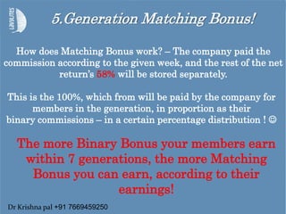 5.Generation Matching Bonus!
How does Matching Bonus work? – The company paid the
commission according to the given week, and the rest of the net
return’s 58% will be stored separately.
This is the 100%, which from will be paid by the company for
members in the generation, in proportion as their
binary commissions – in a certain percentage distribution ! 
The more Binary Bonus your members earn
within 7 generations, the more Matching
Bonus you can earn, according to their
earnings!
Dr Krishna pal +91 7669459250
 