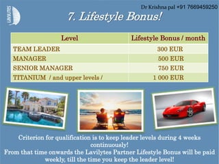 Level Lifestyle Bonus / month
TEAM LEADER 300 EUR
MANAGER 500 EUR
SENIOR MANAGER 750 EUR
TITANIUM / and upper levels / 1 000 EUR
7. Lifestyle Bonus!
Criterion for qualification is to keep leader levels during 4 weeks
continuously!
From that time onwards the Lavilytes Partner Lifestyle Bonus will be paid
weekly, till the time you keep the leader level!
Dr Krishna pal +91 7669459250
 