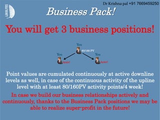 Business Pack!
You will get 3 business positions!
Point values are cumulated continuously at active downline
levels as well, in case of the continuous activity of the upline
level with at least 80/160PV activity points/4 week!
80/160 PV
Activ!Activ!
In case we build our business relationships actively and
continuously, thanks to the Business Pack positions we may be
able to realize super-profit in the future!
You
YouYou
Dr Krishna pal +91 7669459250
 