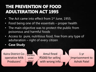 • The Act came into effect from 1st June, 1955.
• Food being one of the essentials – proper health
• The main objective was to protect the public from
poisonous and harmful foods
• Access to pure, nutritious food, free from any type of
adulteration – right of every citizen
• Case Study
Amul fined
₹5000 for selling
with wrong info
Kaira District Co-
operative Milk
Producers'
Markets
under
Amul
1 yr
Imprisonment to
Ashok Patel
 