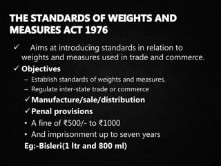  Aims at introducing standards in relation to
weights and measures used in trade and commerce.
 Objectives
– Establish standards of weights and measures.
– Regulate inter-state trade or commerce
Manufacture/sale/distribution
Penal provisions
• A fine of ₹500/- to ₹1000
• And imprisonment up to seven years
Eg:-Bisleri(1 ltr and 800 ml)
 