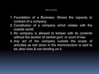Effects of MOA
1. Foundation of a Business. Shows the capacity to
contract of a company.
2. Constitution of a company which relates with the
outside world.
3. No company is allowed to temper with its contents
without the section of central govt. or court of law.
4. Any act of the company outside the scope of
activities as laid down in the memorandum is said to
be ultra-vires & non-binding on it.
 
