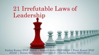 21 Irrefutable Laws of
Leadership
Group 4
Pankaj Kumar (PGP 30262) | Nishant Joshi (PGP30026) | Preet Komal (PGP
30332) | Dorian Barthelemy (IEP16012) | Caclin Emeline (IEP16011)
 