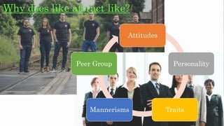 Why does like attract like?
Attitudes
Personality
TraitsMannerisms
Peer Group
 