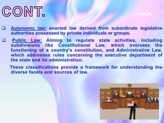  Autonomic law: enacted law derived from subordinate legislative
authorities possessed by private individuals or groups.
 Public Law: Aiming to regulate state activities, including
subdivisions like Constitutional Law, which oversees the
functioning of a country's constitution, and Administrative Law,
which addresses rules concerning the executive department of
the state and its administration.
These classifications provide a framework for understanding the
diverse facets and sources of law.
 