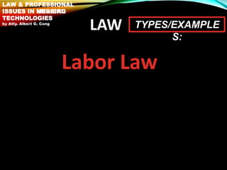 LAW
Labor Law
TYPES/EXAMPLE
S:
LAW & PROFESSIONAL
ISSUES IN NURSING
LAW & PROFESSIONAL
ISSUES IN MEDICAL
TECHNOLOGIES
by A...