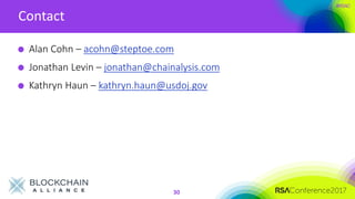 #RSAC
Contact
30
Alan Cohn – acohn@steptoe.com
Jonathan Levin – jonathan@chainalysis.com
Kathryn Haun – kathryn.haun@usdoj.gov
 