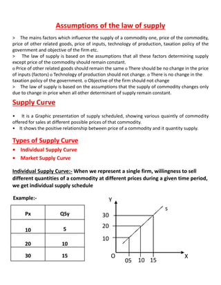 Assumptions of the law of supply
> The mains factors which influence the supply of a commodity one, price of the commodity,
price of other related goods, price of inputs, technology of production, taxation policy of the
government and objective of the firm etc.
> The law of supply is based on the assumptions that all these factors determining supply
except price of the commodity should remain constant.
o Price of other related goods should remain the same o There should be no change in the price
of inputs (factors) o Technology of production should not change. o There is no change in the
taxation policy of the government. o Objective of the firm should not change
> The law of supply is based on the assumptions that the supply of commodity changes only
due to change in price when all other determinant of supply remain constant.
Supply Curve
• It is a Graphic presentation of supply scheduled, showing various quaintly of commodity
offered for sales at different possible prices of that commodity.
• It shows the positive relationship between price of a commodity and it quantity supply.
Types of Supply Curve
• Individual Supply Curve
• Market Supply Curve
Individual Supply Curve:- When we represent a single firm, willingness to sell
different quantities of a commodity at different prices during a given time period,
we get individual supply schedule
Example:-
Px QSy
10 5
20 10
30 15
s
10
20
30
05 10 15
X
O
Y
 