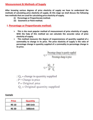 Measurement & Methods of Supply
After knowing various degrees of price elasticity of supply we have to understand the
methods of calculating price elasticity of supply. At this stage we shall discuss the following
two methods that are used for calculating price elasticity of supply.
(i) Percentage or Proportionate method.
(ii) Geometric or Point method.
I. Percentage or Proportionate method:
> This is the most popular method of measurement of price elasticity of supply.
With the help of this method we can calculate the accurate value of price
elasticity of supply.
> This method measures the degree of responsiveness of quantity supplied of a
commodity to change in its price. The price elasticity of supply is the ratio of
percentage change in quantity supplied of a commodity to percentage change in
its price.
Example
QS = change in quantity supplied
P = Change in price
P = Original price
Qs = Original quantity supplied
Price Quantity
RS 10 100 Unit
RS 30 500Unit
 