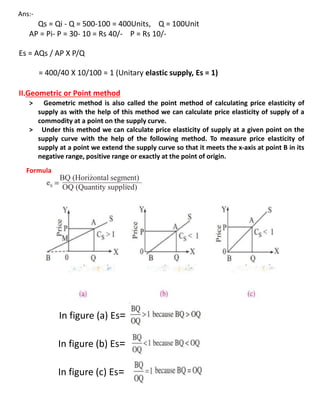 Ans:-
Qs = Qi - Q = 500-100 = 400Units, Q = 100Unit
AP = Pi- P = 30- 10 = Rs 40/- P = Rs 10/-
Es = AQs / AP X P/Q
= 400/40 X 10/100 = 1 (Unitary elastic supply, Es = 1)
II.Geometric or Point method
> Geometric method is also called the point method of calculating price elasticity of
supply as with the help of this method we can calculate price elasticity of supply of a
commodity at a point on the supply curve.
> Under this method we can calculate price elasticity of supply at a given point on the
supply curve with the help of the following method. To measure price elasticity of
supply at a point we extend the supply curve so that it meets the x-axis at point B in its
negative range, positive range or exactly at the point of origin.
Formula
BQ (Horizontal segment)
OQ (Quantity supplied)
In figure (a) Es=
In figure (c) Es=
In figure (b) Es=
 