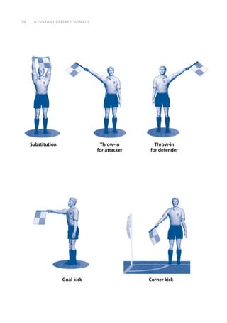 98 ASSISTANT REFEREE SIGNALS
Substitution Throw-in
for attacker
Throw-in
for defender
Goal kick Corner kick
 