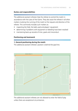 85THE ADDITIONAL ASSISTANT REFEREES
Duties and responsibilities
The additional assistant referees help the referee to control the match in
accordance with the Laws of the Game. They also assist the referee in all other
matters involving the running of the match at the request and direction of the
referee. This commonly includes such matters as:
•	 inspecting the field, the balls used and players’ equipment
•	 determining if problems with equipment or bleeding have been resolved
•	 maintaining back-up records of time, goals and misconduct
Positioning and teamwork
1.	General positioning during the match
The additional assistant referees’ position is behind the goal line.
The additional assistant referees are not allowed to enter the field of play
unless there are exceptional circumstances.
Additionalassistantrefereenº2
Assistant referee nº 1
Assistant referee nº 2
Referee
Additionalassistantrefereenº1
 