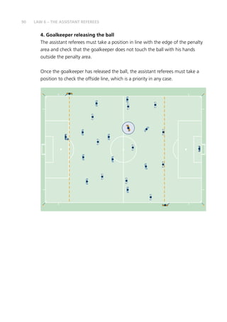 90
4. Goalkeeper releasing the ball
The assistant referees must take a position in line with the edge of the penalty
area and check that the goalkeeper does not touch the ball with his hands
outside the penalty area.
Once the goalkeeper has released the ball, the assistant referees must take a
position to check the offside line, which is a priority in any case.
LAW 6 – THE ASSISTANT REFEREES
 