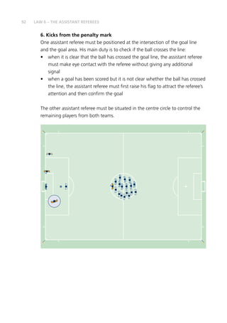 92 LAW 6 – THE ASSISTANT REFEREES
6. Kicks from the penalty mark
One assistant referee must be positioned at the intersection of the goal line
and the goal area. His main duty is to check if the ball crosses the line:
•	 when it is clear that the ball has crossed the goal line, the assistant referee
must make eye contact with the referee without giving any additional
signal
•	 when a goal has been scored but it is not clear whether the ball has crossed
the line, the assistant referee must first raise his flag to attract the referee’s
attention and then confirm the goal
The other assistant referee must be situated in the centre circle to control the
remaining players from both teams.
 