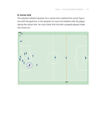 95
8. Corner kick
The assistant referee’s position for a corner kick is behind the corner flag in
line with the goal line. In this position he must not interfere with the player
taking the corner kick. He must check that the ball is properly placed inside
the corner arc.
LAW 6 – THE ASSISTANT REFEREES
 