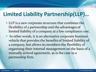 Limited Liability Partnership(LLP)…
 LLP is a new corporate structure that combines the
flexibility of a partnership and the advantages of
limited liability of a company at a low compliance cost.
 In other words, it is an alternative corporate business
vehicle that provides the benefits of limited liability of
a company, but allows its members the flexibility of
organising their internal management on the basis of a
mutually arrived agreement, as is the case in a
partnership firm.
 