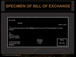 SPECIMEN OF BILL OF EXCHANGE
15
Rs. 10,000
Mumbai
April 10, 2013
Three months after date pay to Ram (Payee) order the sum of Ten Thousand Rupees, for value
received.
To,
Sushil
B-20, Green Park,
Lucknow - 226020.
Stamp
Sd/- Ram
In case of need with
Canara Bank, Delhi.
(Drawer)
(Drawer)
Accepted
Sushil
 