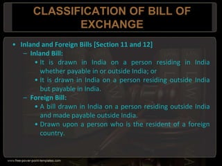 CLASSIFICATION OF BILL OF
EXCHANGE
• Inland and Foreign Bills [Section 11 and 12]
– Inland Bill:
• It is drawn in India on a person residing in India
whether payable in or outside India; or
• It is drawn in India on a person residing outside India
but payable in India.
– Foreign Bill:
• A bill drawn in India on a person residing outside India
and made payable outside India.
• Drawn upon a person who is the resident of a foreign
country.
 
