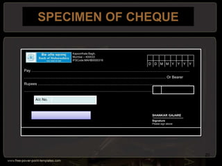 SPECIMEN OF CHEQUE
20
Pay ……………………………………………………………………………………………………………......
……………………………………………………………………………………………………. Or Bearer
Rupees ……………………………………………………………………………………………………………
……………………………………………………………………………………………Rs.
Kapoorthala Bagh,
Mumbai – 400033
IFSCode:MAHB0000316
A/c No.
“ΙΙ473792ΙΙ” 000240000 000000 10
SHANKAR GAJARE
Signature
Please sign above
D D M M Y Y Y Y
 