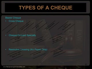 TYPES OF A CHEQUE
Bearer Cheque
• Cross Cheque
• Cheque Crossed Specially
• Restrictive Crossing (A/c Payee Only)
21
 