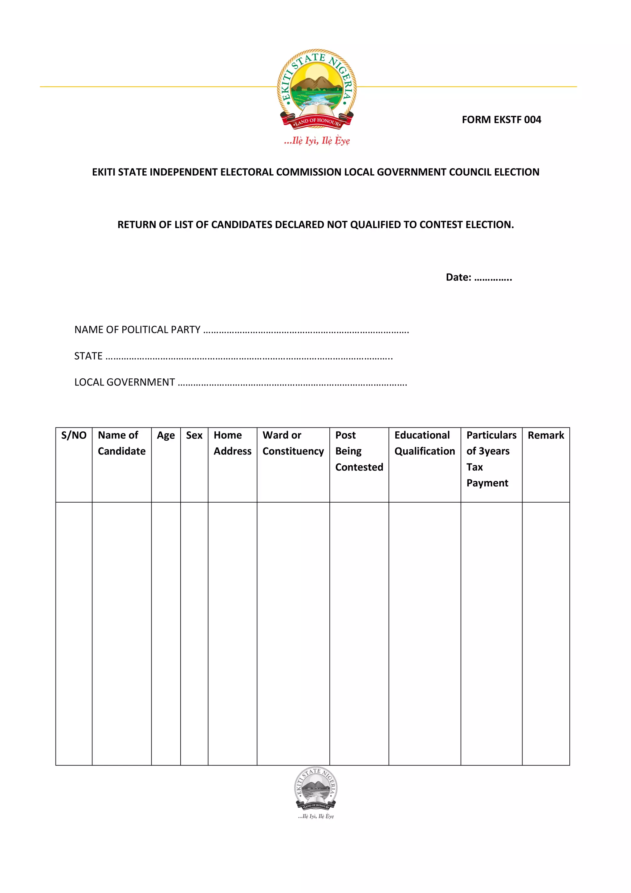 FORM EKSTF 004



     EKITI STATE INDEPENDENT ELECTORAL COMMISSION LOCAL GOVERNMENT COUNCIL ELECTION



         RETURN OF LIST OF CANDIDATES DECLARED NOT QUALIFIED TO CONTEST ELECTION.



                                                                    Date: …………..



  NAME OF POLITICAL PARTY …………………………………………………………………….

  STATE ………………………………………………………………………………………………..

  LOCAL GOVERNMENT …………………………………………………………………………….



S/NO Name of   Age Sex Home    Ward or      Post      Educational Particulars Remark
     Candidate         Address Constituency Being     Qualification of 3years
                                            Contested               Tax
                                                                    Payment
 
