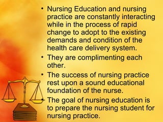 Nursing Education and nursing practice are constantly interacting while in the process of rapid change to adopt to the existing demands and condition of the health care delivery system. They are complimenting each other. The success of nursing practice rest upon a sound educational foundation of the nurse. The goal of nursing education is to prepare the nursing student for nursing practice. 