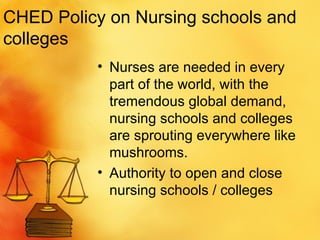 CHED Policy on Nursing schools and colleges Nurses are needed in every part of the world, with the tremendous global demand, nursing schools and colleges are sprouting everywhere like mushrooms. Authority to open and close nursing schools / colleges  
