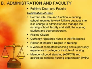 B.  ADMINISTRATION AND FACULTY Fulltime Dean and Faculty Qualification of Dean Perform vital role and function in nursing school, required to work fulltime because she is in charge to administer and manage the nursing school, faculty and staff, the nursing student and degree program.  Filipino Citizen Currently registered nurse in the Philippines Holder of Master’s Degree in Nursing 5 years of competent teaching and supervisory experience in college or institute of nursing.  Member of good standing (ADPCN) and accredited national nursing organization (PNA) 