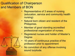 Qualification of Chairperson and Members of BON Representative of 3 areas of nursing (education, service and community health nursing) Natural born citizen and resident of the Philippines. Member of good standing accredited professional organization of nurses. Registered nurses and holder of Master’s Degree 10 years of continuous practice of the profession prior to appointment No conviction of any offense involving sound turpitude.  