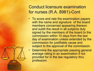 To score and rate the examination papers with the name and signature  of the board members concerned appearing thereon and sublit the result in all subjects duly signed by the members of the board to the commission within 10 days from the last day of examination unless extended by the commission for justifiable cause and subject to the approval of the commission. Determine the appropriate passing general average rating in an examination if not provided for in the law regulatory thru profession.  Conduct licensure examination for nurses (R.A. 8981)-Cont 