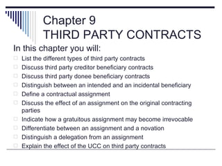 Chapter 9
           THIRD PARTY CONTRACTS
In this chapter you will:
 List the different types of third party contracts
 Discuss third party creditor beneficiary contracts
 Discuss third party donee beneficiary contracts
 Distinguish between an intended and an incidental beneficiary
 Define a contractual assignment
 Discuss the effect of an assignment on the original contracting
    parties
   Indicate how a gratuitous assignment may become irrevocable
   Differentiate between an assignment and a novation
   Distinguish a delegation from an assignment
   Explain the effect of the UCC on third party contracts
 