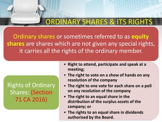 ORDINARY SHARES & ITS RIGHTS
Ordinary shares or sometimes referred to as equity
shares are shares which are not given any special rights,
it carries all the rights of the ordinary member.
• Right to attend, participate and speak at a
meeting;
• The right to vote on a show of hands on any
resolution of the company
• The right to one vote for each share on a poll
on any resolution of the company
• The right to an equal share in the
distribution of the surplus assets of the
company; or
• The rights to an equal share in dividends
authorised by the Board.
Rights of Ordinary
Shares: (Section
71 CA 2016)
 