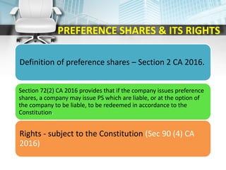 PREFERENCE SHARES & ITS RIGHTS
Definition of preference shares – Section 2 CA 2016.
Section 72(2) CA 2016 provides that if the company issues preference
shares, a company may issue PS which are liable, or at the option of
the company to be liable, to be redeemed in accordance to the
Constitution.
Rights - subject to the Constitution (Sec 90 (4) CA
2016)
 