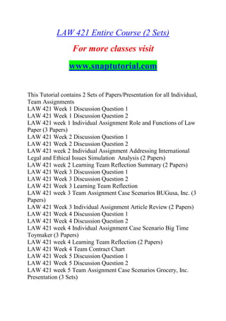 LAW 421 Entire Course (2 Sets)
For more classes visit
www.snaptutorial.com
This Tutorial contains 2 Sets of Papers/Presentation for all Individual,
Team Assignments
LAW 421 Week 1 Discussion Question 1
LAW 421 Week 1 Discussion Question 2
LAW 421 week 1 Individual Assignment Role and Functions of Law
Paper (3 Papers)
LAW 421 Week 2 Discussion Question 1
LAW 421 Week 2 Discussion Question 2
LAW 421 week 2 Individual Assignment Addressing International
Legal and Ethical Issues Simulation Analysis (2 Papers)
LAW 421 week 2 Learning Team Reflection Summary (2 Papers)
LAW 421 Week 3 Discussion Question 1
LAW 421 Week 3 Discussion Question 2
LAW 421 Week 3 Learning Team Reflection
LAW 421 week 3 Team Assignment Case Scenarios BUGusa, Inc. (3
Papers)
LAW 421 Week 3 Individual Assignment Article Review (2 Papers)
LAW 421 Week 4 Discussion Question 1
LAW 421 Week 4 Discussion Question 2
LAW 421 week 4 Individual Assignment Case Scenario Big Time
Toymaker (3 Papers)
LAW 421 week 4 Learning Team Reflection (2 Papers)
LAW 421 Week 4 Team Contract Chart
LAW 421 Week 5 Discussion Question 1
LAW 421 Week 5 Discussion Question 2
LAW 421 week 5 Team Assignment Case Scenarios Grocery, Inc.
Presentation (3 Sets)
 
