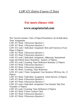 LAW 421 Entire Course (2 Sets)
For more classes visit
www.snaptutorial.com
This Tutorial contains 2 Sets of Papers/Presentation for all Individual,
Team Assignments
LAW 421 Week 1 Discussion Question 1
LAW 421 Week 1 Discussion Question 2
LAW 421 week 1 Individual Assignment Role and Functions of Law
Paper (3 Papers)
LAW 421 Week 2 Discussion Question 1
LAW 421 Week 2 Discussion Question 2
LAW 421 week 2 Individual Assignment Addressing International
Legal and Ethical Issues Simulation Analysis (2 Papers)
LAW 421 week 2 Learning Team Reflection Summary (2 Papers)
LAW 421 Week 3 Discussion Question 1
LAW 421 Week 3 Discussion Question 2
LAW 421 Week 3 Learning Team Reflection
LAW 421 week 3 Team Assignment Case Scenarios BUGusa, Inc. (3
Papers)
LAW 421 Week 3 Individual Assignment Article Review (2 Papers)
LAW 421 Week 4 Discussion Question 1
LAW 421 Week 4 Discussion Question 2
LAW 421 week 4 Individual Assignment Case Scenario Big Time
Toymaker (3 Papers)
LAW 421 week 4 Learning Team Reflection (2 Papers)
LAW 421 Week 4 Team Contract Chart
LAW 421 Week 5 Discussion Question 1
LAW 421 Week 5 Discussion Question 2
 