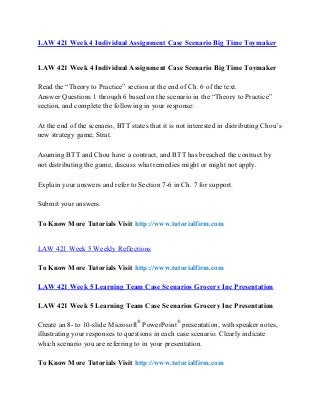 LAW 421 Week 4 Individual Assignment Case Scenario Big Time Toymaker
LAW 421 Week 4 Individual Assignment Case Scenario Big Time Toymaker
Read the “Theory to Practice” section at the end of Ch. 6 of the text.
Answer Questions 1 through 6 based on the scenario in the “Theory to Practice”
section, and complete the following in your response:
At the end of the scenario, BTT states that it is not interested in distributing Chou’s
new strategy game, Strat.
Asuming BTT and Chou have a contract, and BTT has breached the contract by
not distributing the game, discuss what remedies might or might not apply.
Explain your answers and refer to Section 7-6 in Ch. 7 for support.
Submit your answers.
To Know More Tutorials Visit http://www.tutorialfirm.com
LAW 421 Week 5 Weekly Reflections
To Know More Tutorials Visit http://www.tutorialfirm.com
LAW 421 Week 5 Learning Team Case Scenarios Grocery Inc Presentation
LAW 421 Week 5 Learning Team Case Scenarios Grocery Inc Presentation
Create an 8- to 10-slide Microsoft®
PowerPoint®
presentation, with speaker notes,
illustrating your responses to questions in each case scenario. Clearly indicate
which scenario you are referring to in your presentation.
To Know More Tutorials Visit http://www.tutorialfirm.com
 