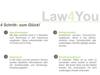 4 Schritte zum Glück!
App downloaden:
Die App Law4You wird in 3 Varianten
zum Download in den Appstores
angeboten. Diese unterscheiden sich
im Inhalt und im Preis.
Informieren:
In der basic und der premium Version
werden detailierte Informationen über
die Schadensfälle und Handlungs-
hinweise gegeben.
Richtig handeln:
Zusätzlich werden Checklisten
angeboten, damit in der Stress-
situation eines Schadensfalls alle
notwendigen Schritte getätigt werden
können.
Anwalt konsultieren:
In manchen Fällen ist es nicht zu
vermeiden, einen Anwalt zu konsul-
tieren. Mit einem Klick auf den Button
werden Sie automatisch mit dem
zuständigen Anwalt verbunden.
1
4
3
2
Law4You
 