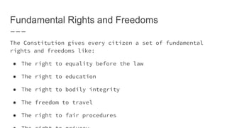 Fundamental Rights and Freedoms
The Constitution gives every citizen a set of fundamental
rights and freedoms like:
● The right to equality before the law
● The right to education
● The right to bodily integrity
● The freedom to travel
● The right to fair procedures
 