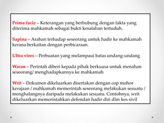 Prima facie – Keterangan yang berhubung dengan fakta yang
diterima mahkamah sebagai bukti kesalahan tertuduh.
Sapina – Arahan terhadap seseorang untuk hadir ke mahkamah
kerana berkaitan dengan perbicaraan.
Ultra vires – Perbuatan yang melampaui batas undang-undang
Waran – Perintah diberi kepada pihak berkuasa untuk menahan
seseorang/ menghadapkannya ke mahkamah
Writ – Dokumen dikeluarkan disertakan dengan cop mohor
kerajaan / mahkamah memerintah seseorang melakukan sesuatu /
menghalangnya daripada melakukan sesuatu. Contohnya, writ
dikeluarkan memerintahkan defendan hadir diri dlm kes sivil
 