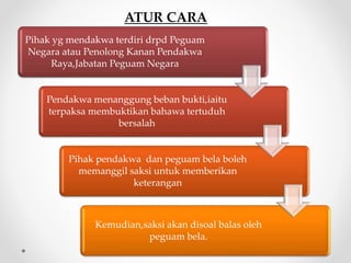 ATUR CARA
Pihak yg mendakwa terdiri drpd Peguam
Negara atau Penolong Kanan Pendakwa
Raya,Jabatan Peguam Negara
Pendakwa menanggung beban bukti,iaitu
terpaksa membuktikan bahawa tertuduh
bersalah
Pihak pendakwa dan peguam bela boleh
memanggil saksi untuk memberikan
keterangan
Kemudian,saksi akan disoal balas oleh
peguam bela.
 