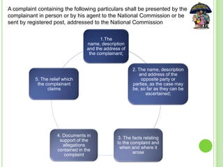 1.The
name, description
and the address of
the complainant;
2. The name, description
and address of the
opposite party or
parties, as the case may
be, so far as they can be
ascertained;
3. The facts relating
to the complaint and
when and where it
arose
4. Documents in
support of the
allegations
contained in the
complaint
5. The relief which
the complainant
claims
A complaint containing the following particulars shall be presented by the
complainant in person or by his agent to the National Commission or be
sent by registered post, addressed to the National Commission
 