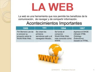 La web es una herramienta que nos permite los beneficios de la
 comunicación, de navegar y de compartir información.
          Acontecimientos Importantes
      1989                  1993                    1994                 1997
Tim Berners Lee da   Se crean los          Se funda el              Aparece el SHOE
a conocer su         primeros              consorcio                (Simple HTML
proyecto sobre la    servidores web y el   World Wide Web,          Ontology
World Wide Web.      navegador Mosaic.     más conocido como        Extensions),
                                           WWW.                     basado en HTML.




                                       22/08/2012   Partesano-Visconti                5
 