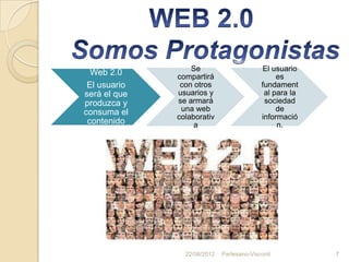 Se                       El usuario
  Web 2.0     compartirá                        es
 El usuario    con otros                   fundament
será el que   usuarios y                    al para la
produzca y    se armará                     sociedad
consuma el     una web                          de
              colaborativ                  informació
 contenido         a                            n.




                22/08/2012   Partesano-Visconti          7
 