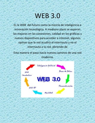 WEB 3.0
 Es la WEB del futuro como la mezcla de inteligencia e
  innovación tecnológica. A mediano plazo se esperan
las mejoras en las conexiones, calidad en los gráficos y
  nuevos dispositivos para acceder a internet, algunos
     opinan que la red acudirá al internauta y no el
            internauta a la red, abriendo de
Esta manera el paso hacia nuevos caminos de una red
                     moderna.
 