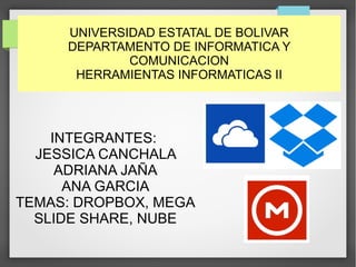 UNIVERSIDAD ESTATAL DE BOLIVAR
DEPARTAMENTO DE INFORMATICA Y
COMUNICACION
HERRAMIENTAS INFORMATICAS II
INTEGRANTES:
JESSICA CANCHALA
ADRIANA JAÑA
ANA GARCIA
TEMAS: DROPBOX, MEGA
SLIDE SHARE, NUBE
 