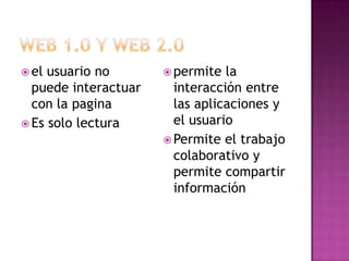 Web 1.0 Y web 2.0 el usuario no puede interactuar con la paginaEs solo lecturapermite la interacción entre las aplicaciones y el usuarioPermite el trabajo colaborativo y permite compartir información