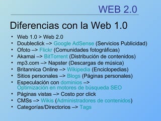 Diferencias con la Web 1.0 <ul><li>Web 1.0 > Web 2.0  </li></ul><ul><li>Doubleclick –>  Google  AdSense  (Servicios Public...